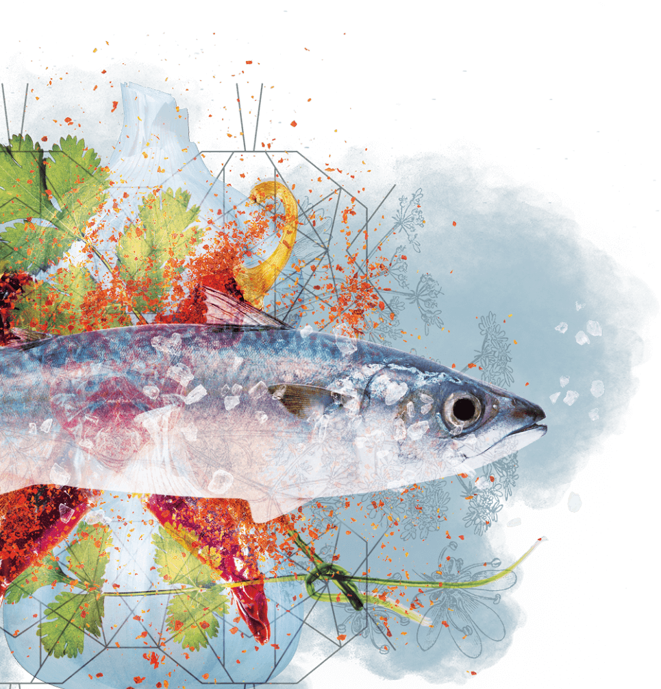 Graphic showing a fish, garlic and parsley